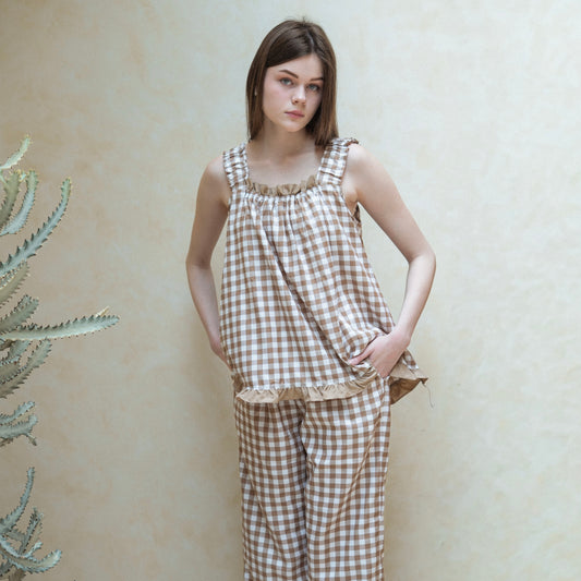 Carmen Gingham Frill Long Set - Mocha
