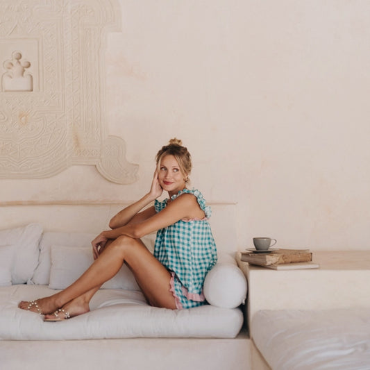 Etoile Gingham Cotton Frill Pajama Set - Jade