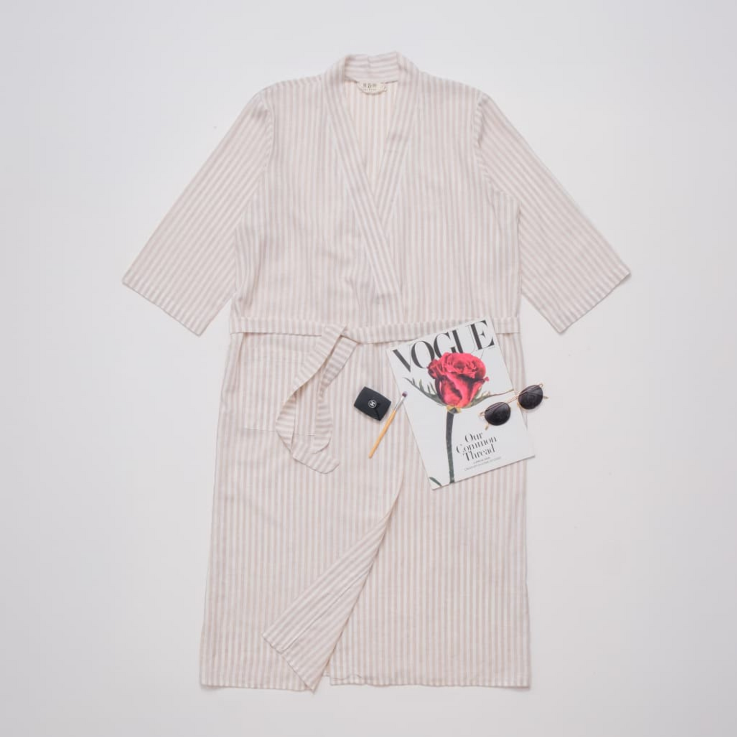 Linen Stripes Khaki Kimono Robe