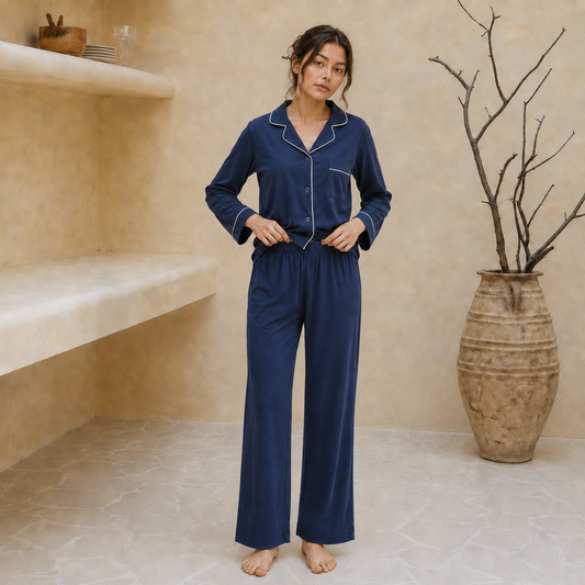 Beatrice Bamboo Navy White Trimmed Long Sleeves Set
