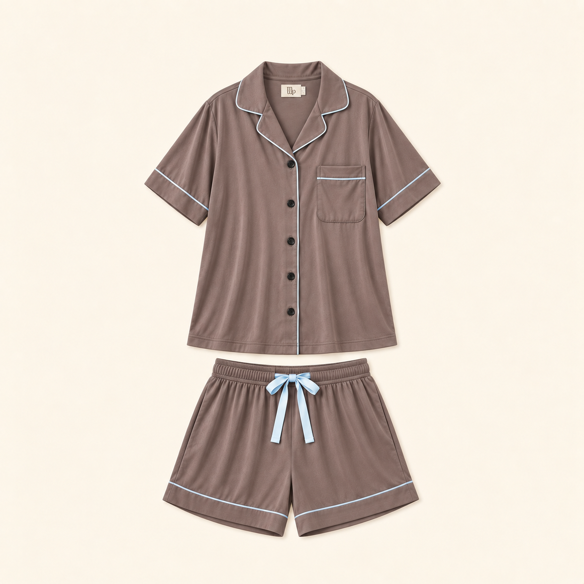 Beatrice Bamboo Taupe Blue Trimmed Short Sleeves Set