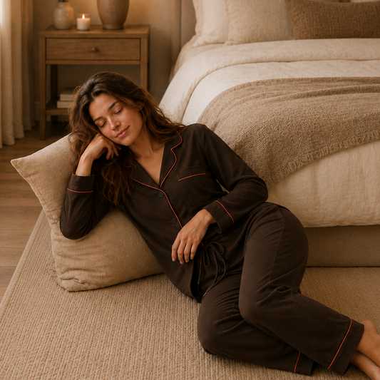 Beatrice Bamboo Chocolate Pink Trimmed Long Sleeves Set