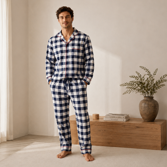 Bleue Navy Gingham Flannelette Longset