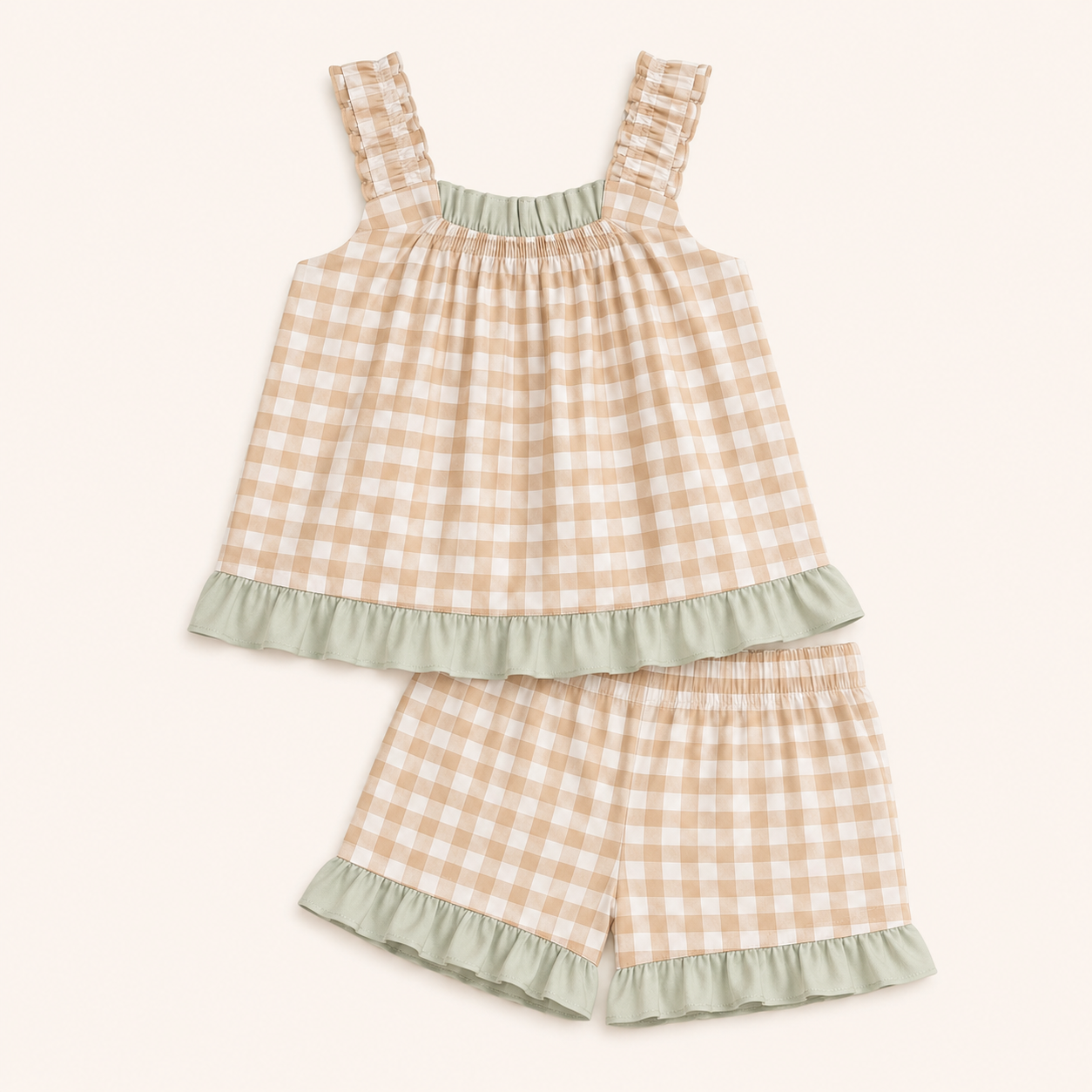 Carmen Mini Gingham Frill Short Set - Khaki Mint
