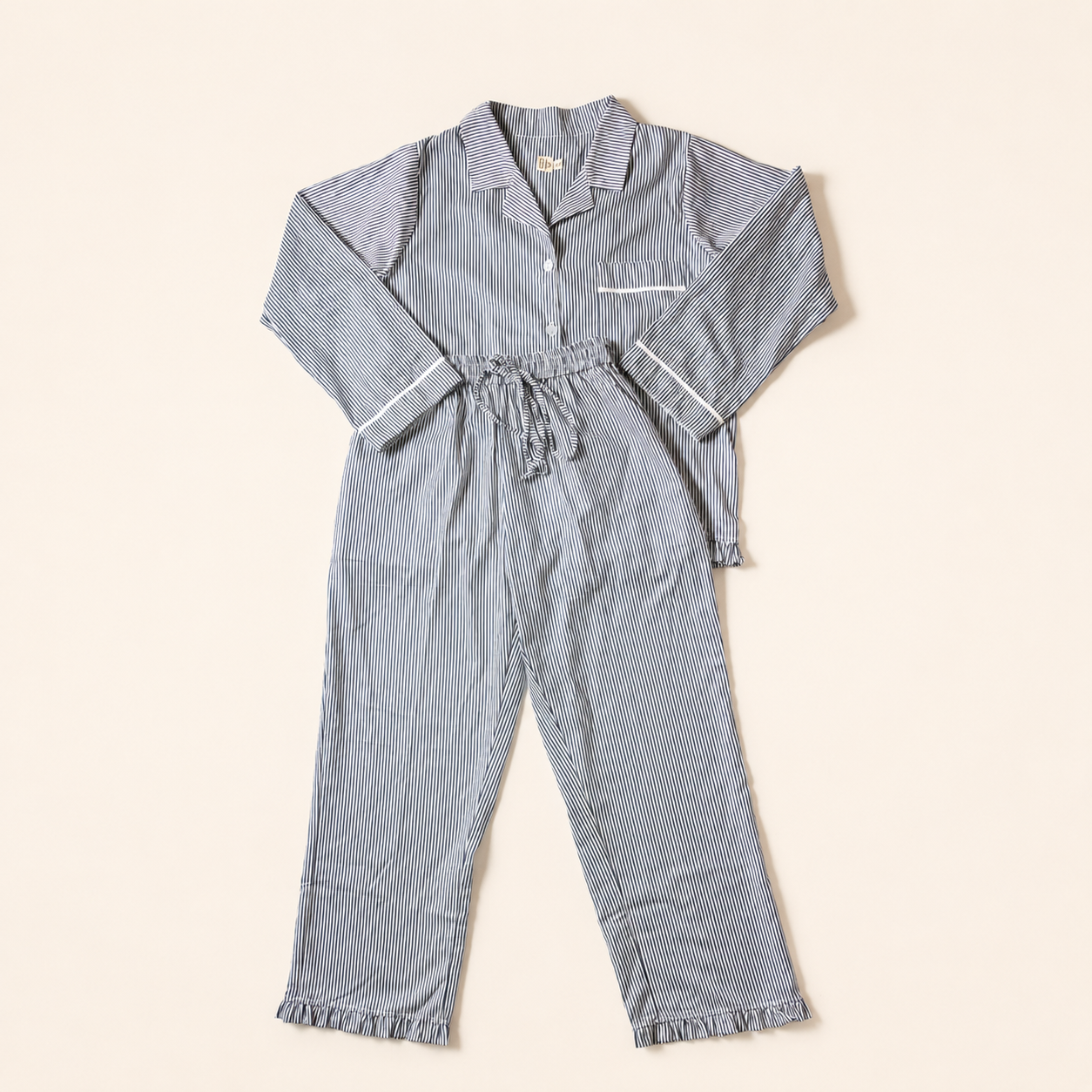 Elea Frill Pinstripe Pyjama Long Set – Navy