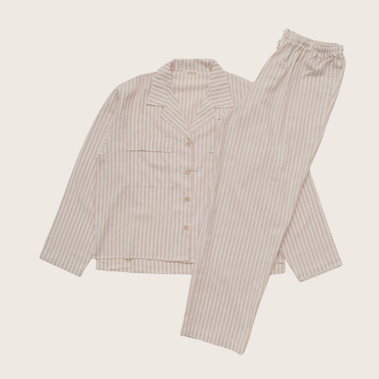 Linen Stripes Khaki Long Sleeves Set