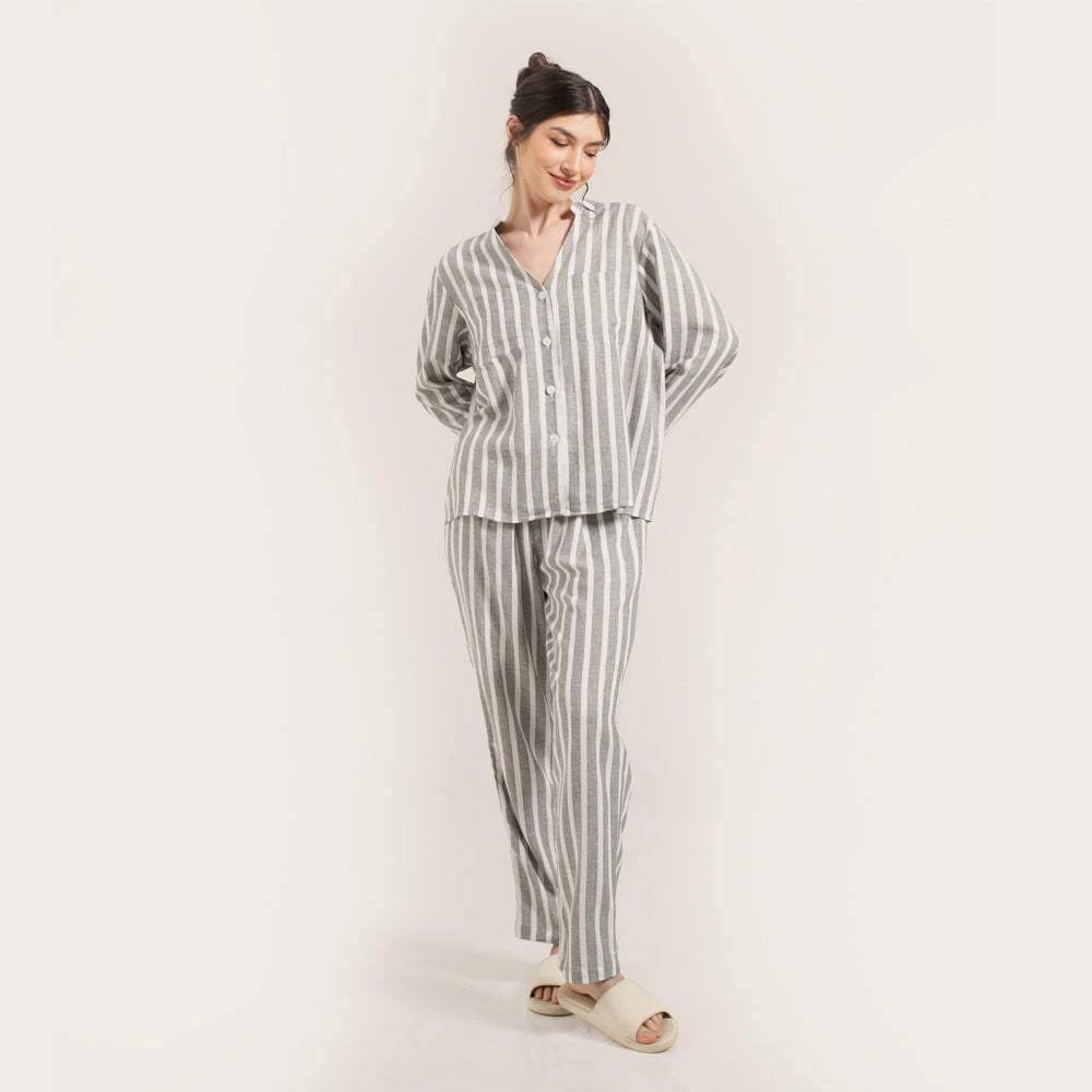 Grey Stripes Linen Women Long Sleeves Set (fits XS to M size)
