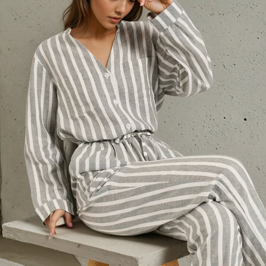 Grey Stripes Linen Women Long Sleeves Set (fits XS to M size)