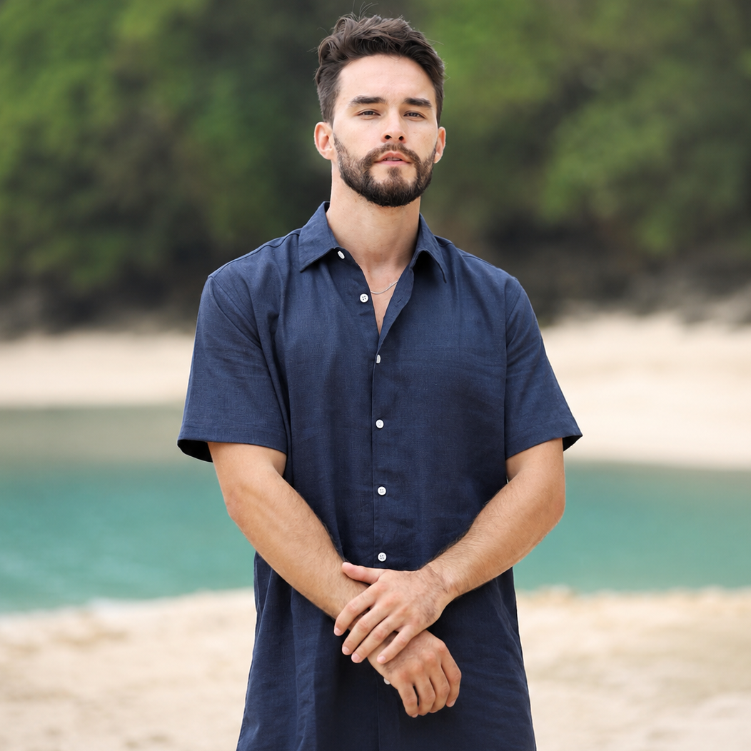 Nautica Navy Linen Men Short Sleeves Set