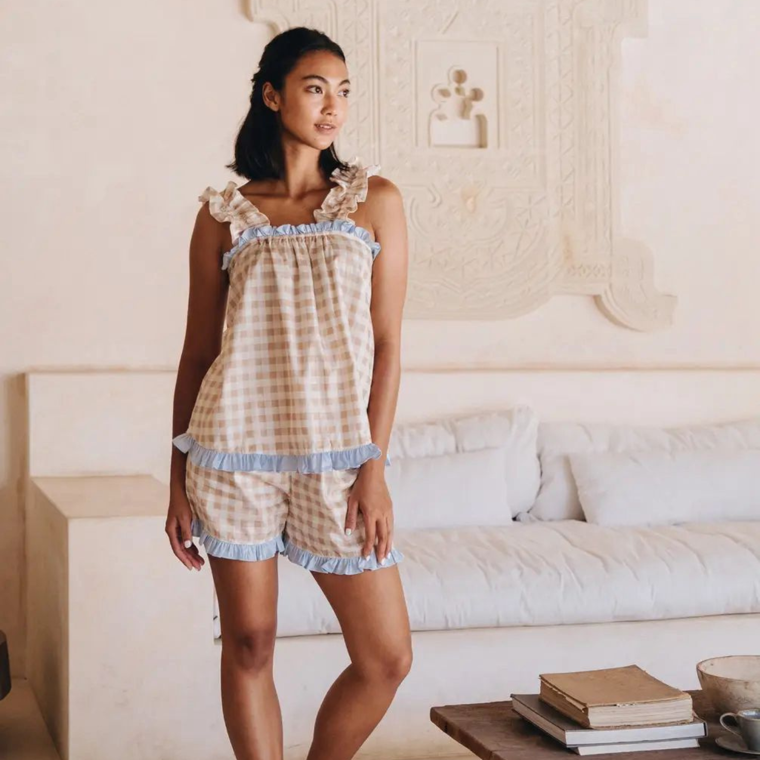 Etoile Gingham Cotton Frill Pajama Set - Khaki