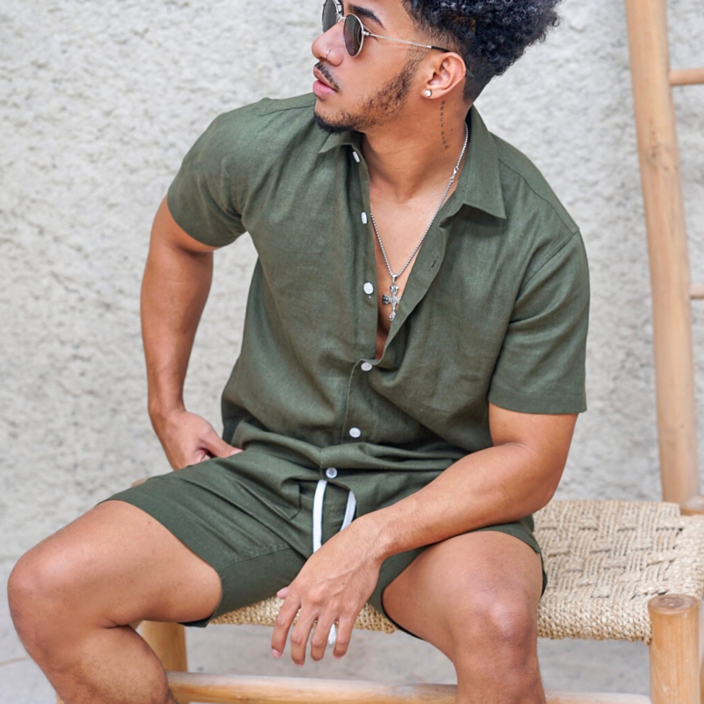 Army Green Linen Men Short Sleeves Set