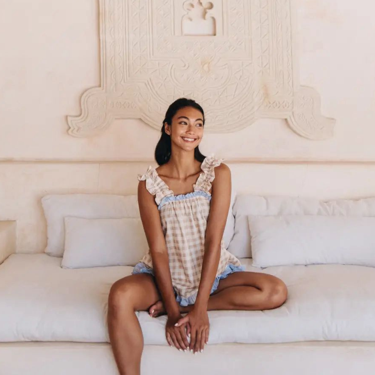 Etoile Gingham Cotton Frill Pajama Set - Khaki