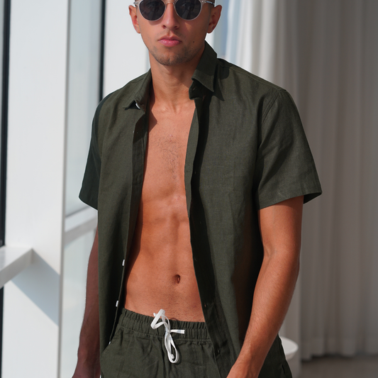 Army Green Linen Men Short Sleeves Set