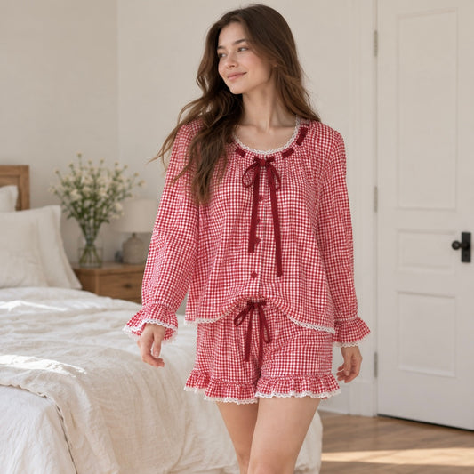 Katherine Gingham Cotton Short Set - Red