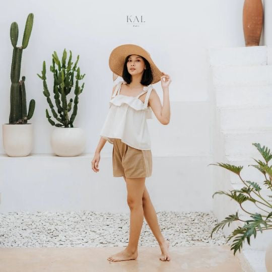 Peony Linen Cream Ruffle Tanktop