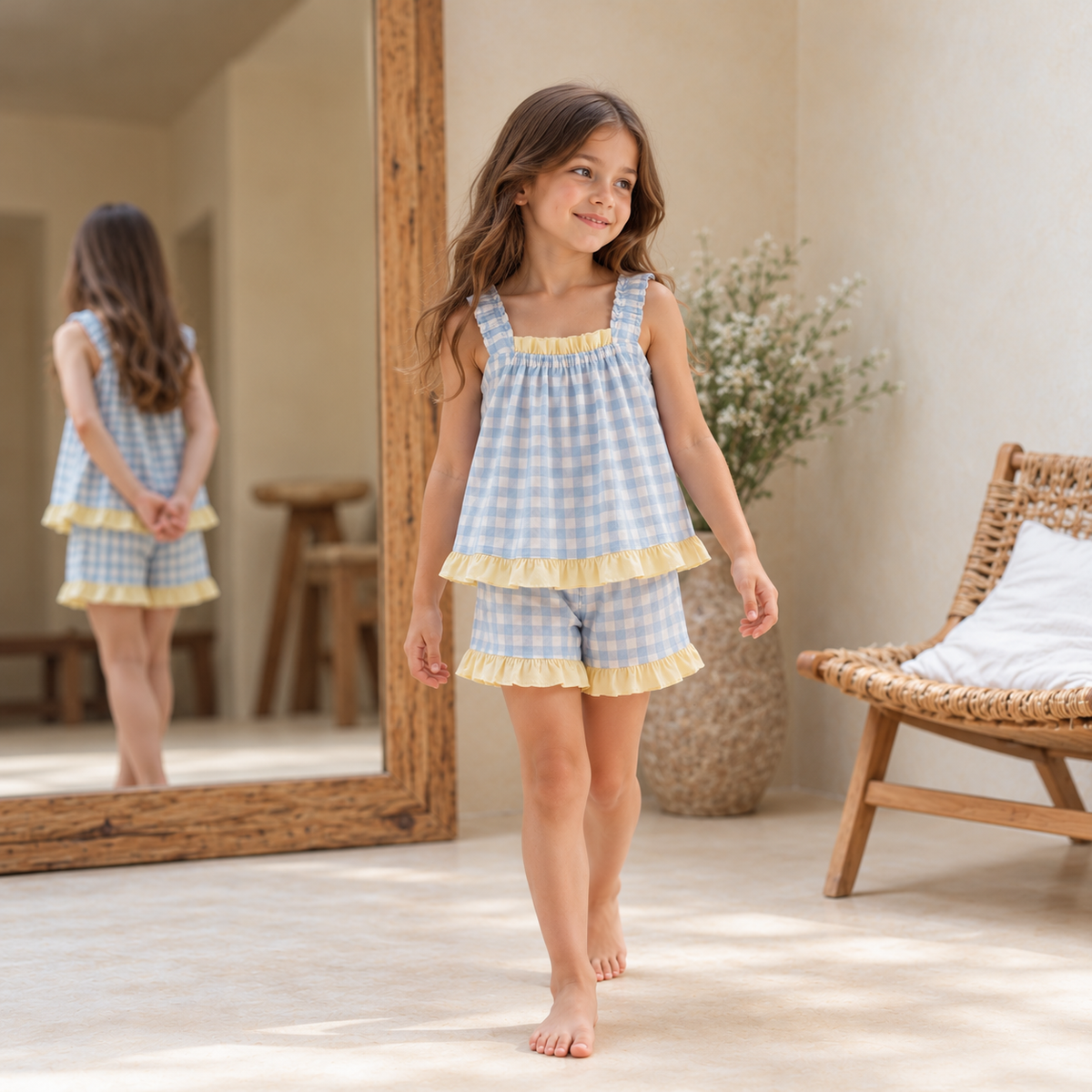 Carmen Mini Gingham Frill Short Set - Aqua