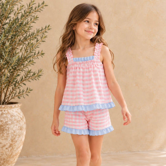 Carmen Mini Gingham Frill Short Set - Pink