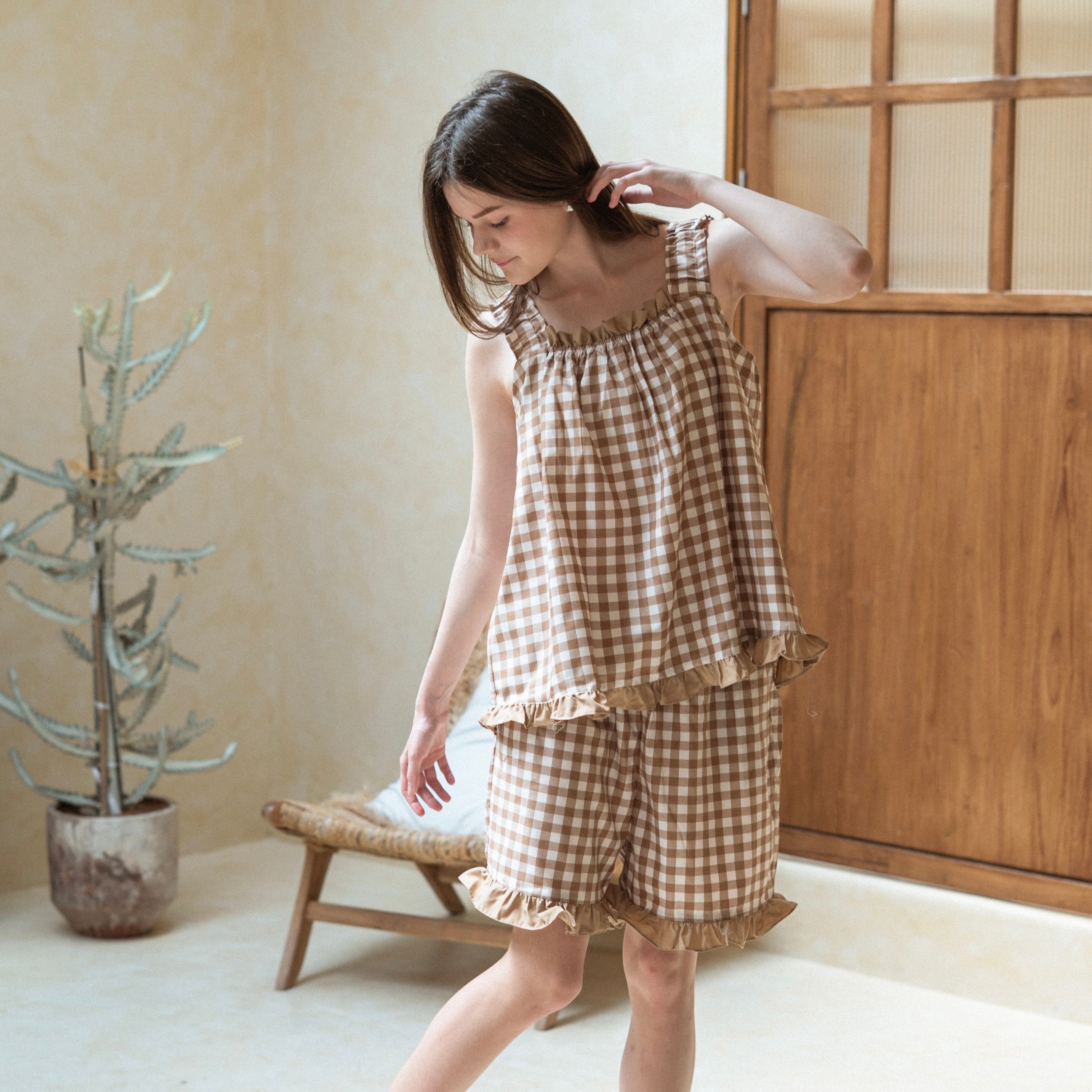 Carmen Gingham Frill Short Set - Mocha