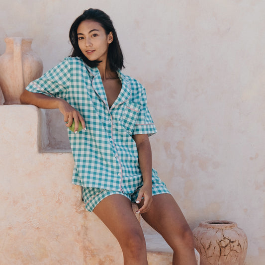 Celeste Gingham Cotton Pyjama Pajama PJ Short Set - Jade