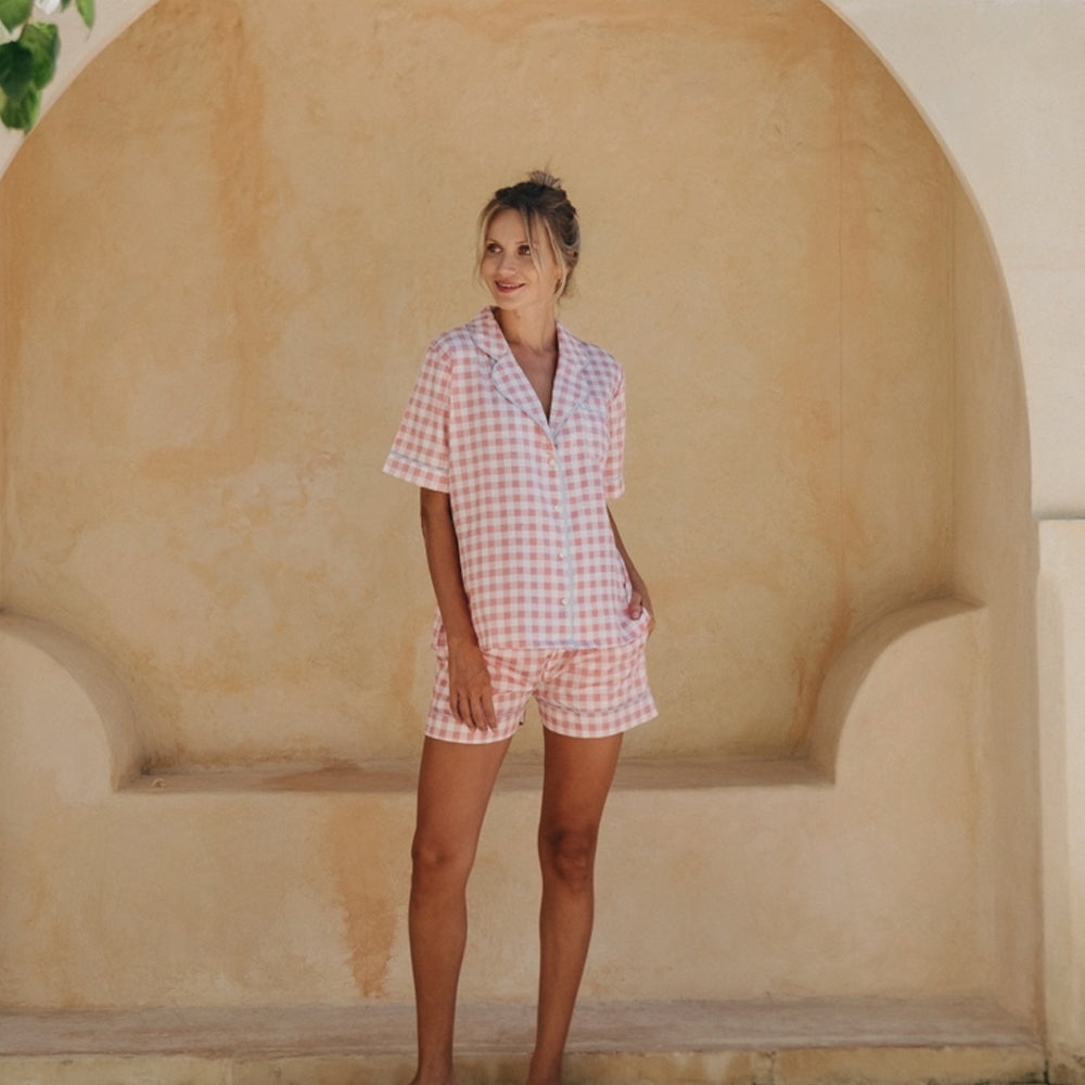 Celeste Gingham Cotton Pyjama Pajama PJ Short Set - Pink