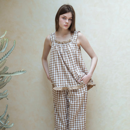 Carmen Gingham Frill Long Set - Mocha