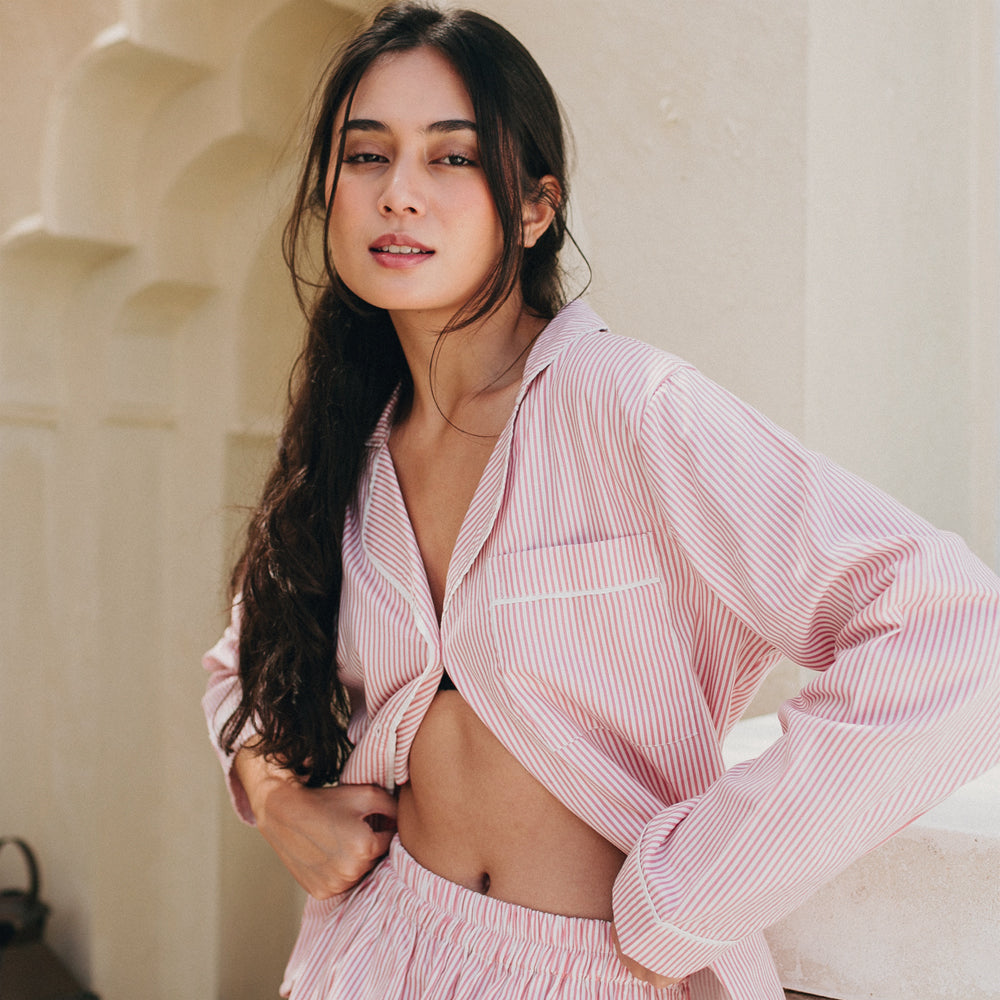 Cecile Pinstripe Pyjama Long Set – Pink