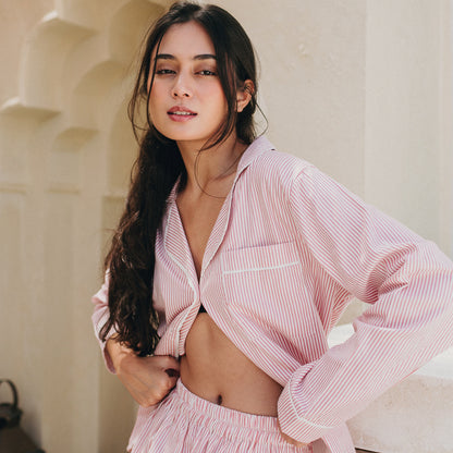 Cecile Pinstripe Pyjama Long Set – Pink