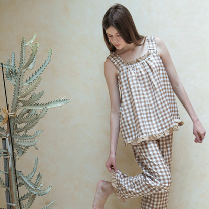Carmen Gingham Frill Long Set - Mocha