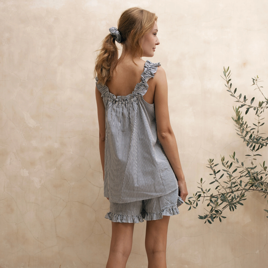 Elle Stripes Cotton Frill Pajama Set - Navy