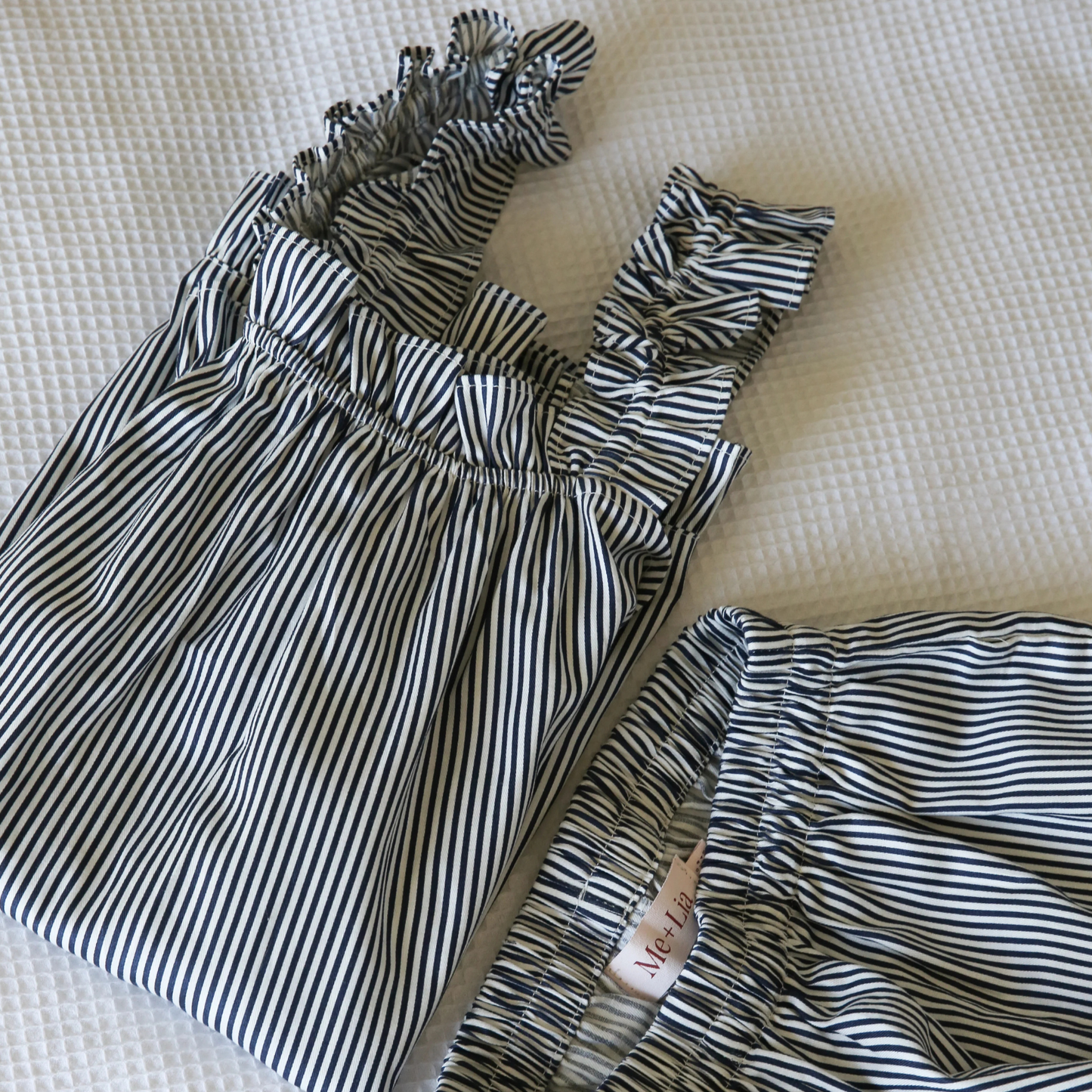 Elle Stripes Cotton Frill Pajama Set - Navy