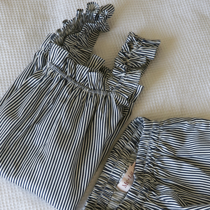 Elle Stripes Cotton Frill Pajama Set - Navy