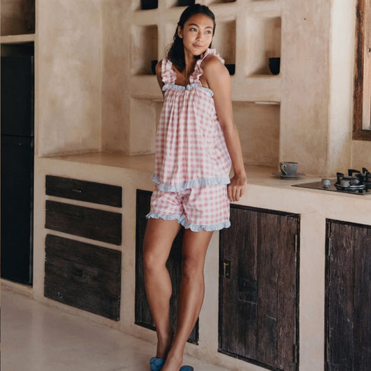 Etoile Gingham Cotton Frill Pajama Set - Pink