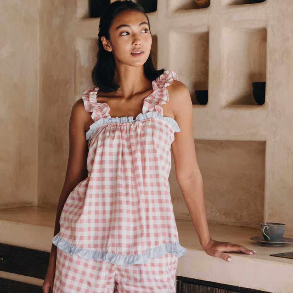 Etoile Gingham Cotton Frill Pajama Set - Pink