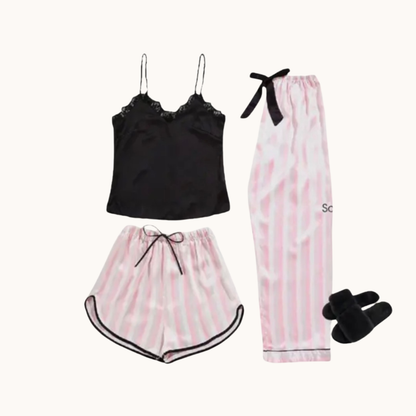 Iris Camisole Satin Black Stripes Set (Cami + Shorts + Longpants)