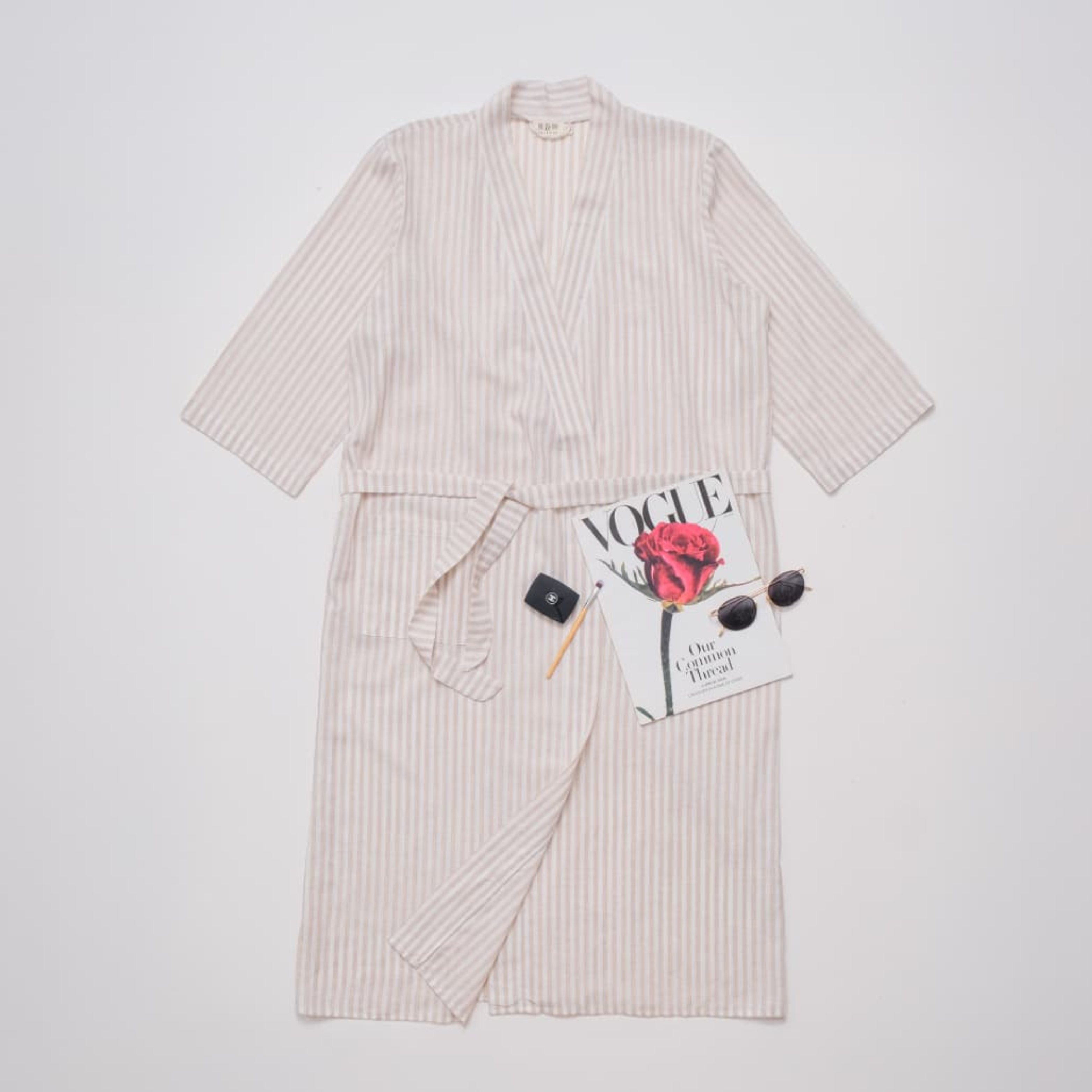 Linen Stripes Khaki Kimono Robe