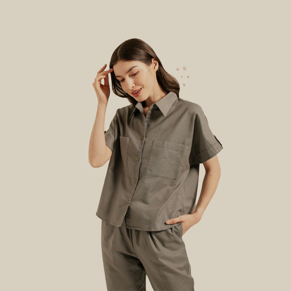 Charcoal Linen Women Long Pants Set (fits XS to M size)