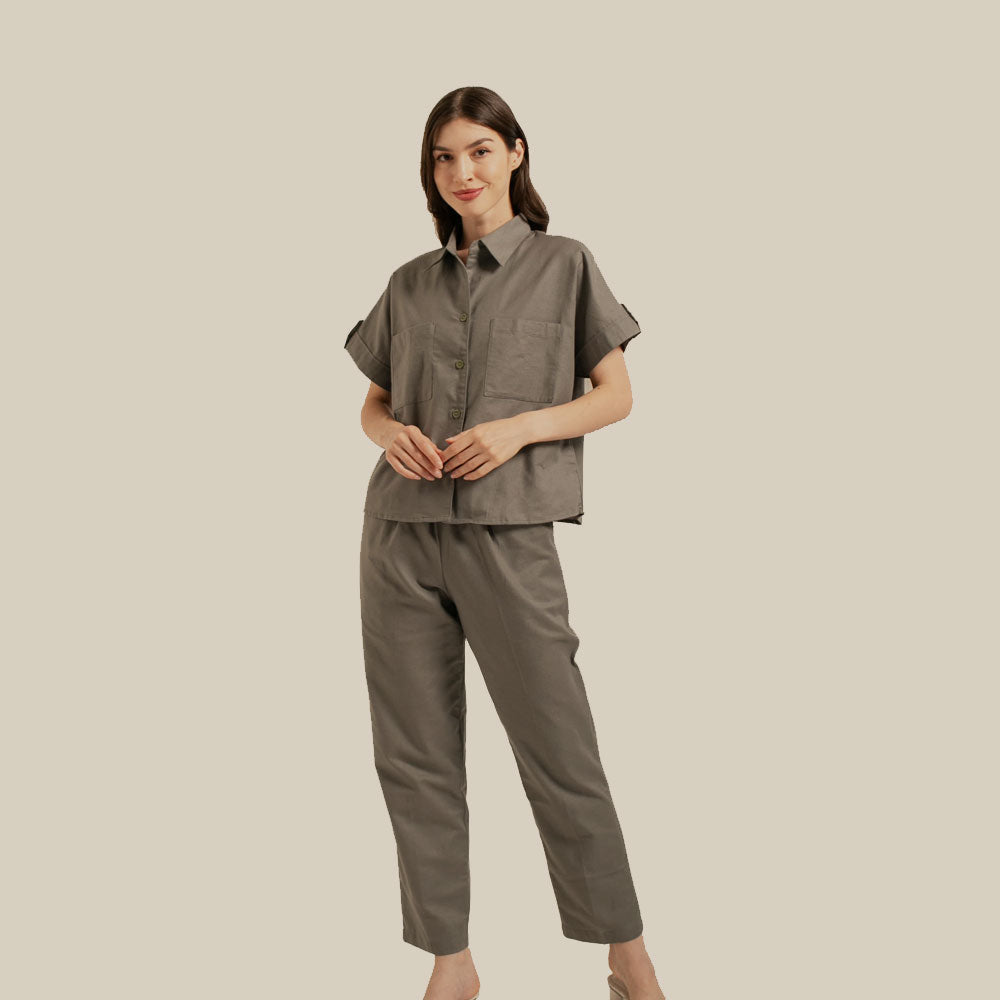 Charcoal Linen Women Long Pants Set (fits XS to M size)