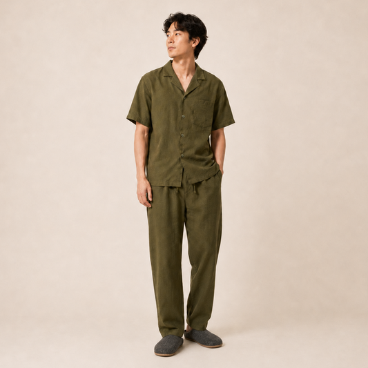 Maurice Army Green Linen Short Sleeves Set