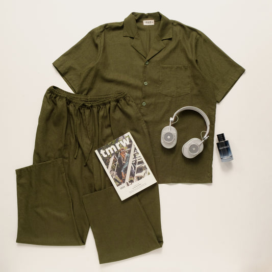 Maurice Army Green Linen Short Sleeves Set