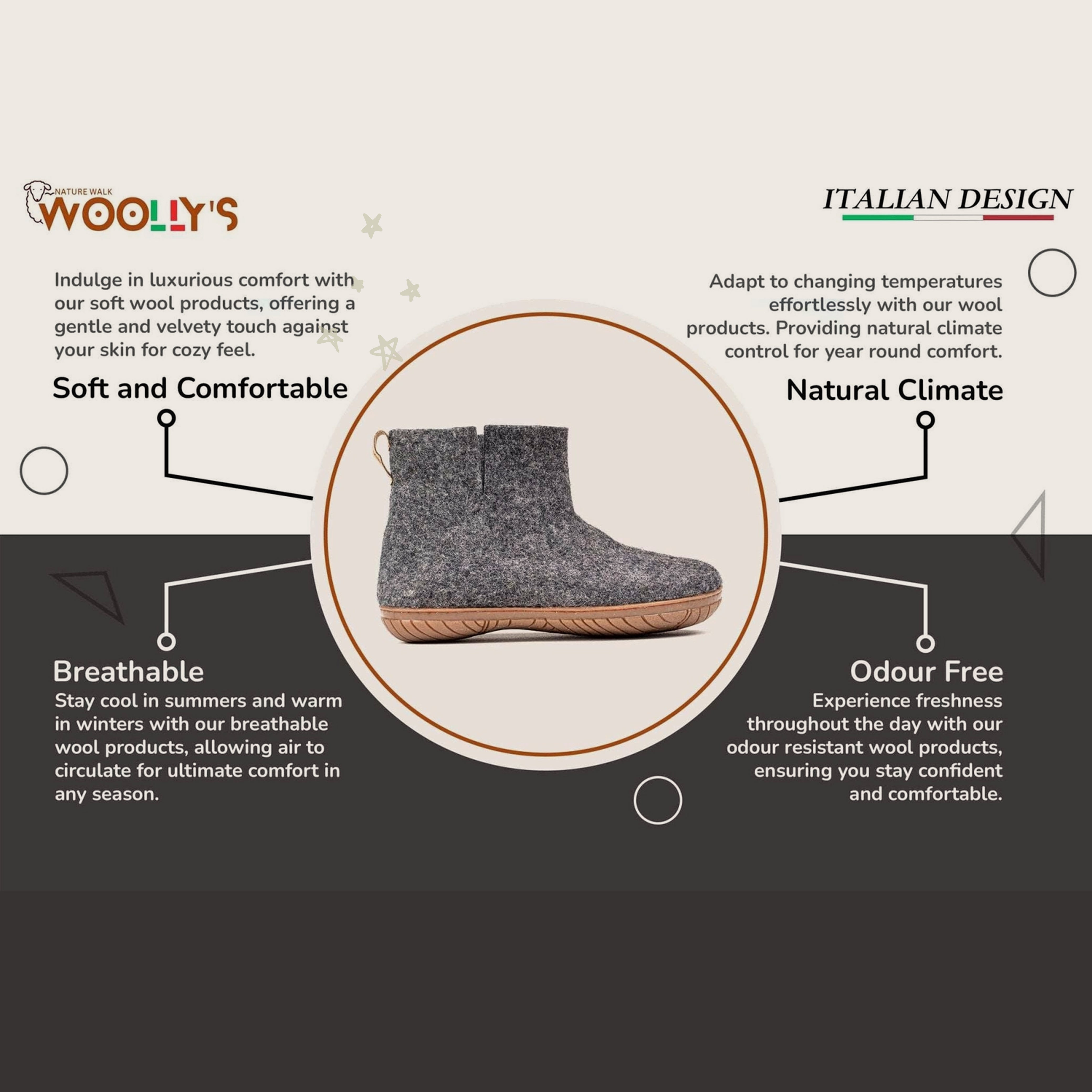 Wool Outdoor Low Boots with Rubber Sole - Charcoal