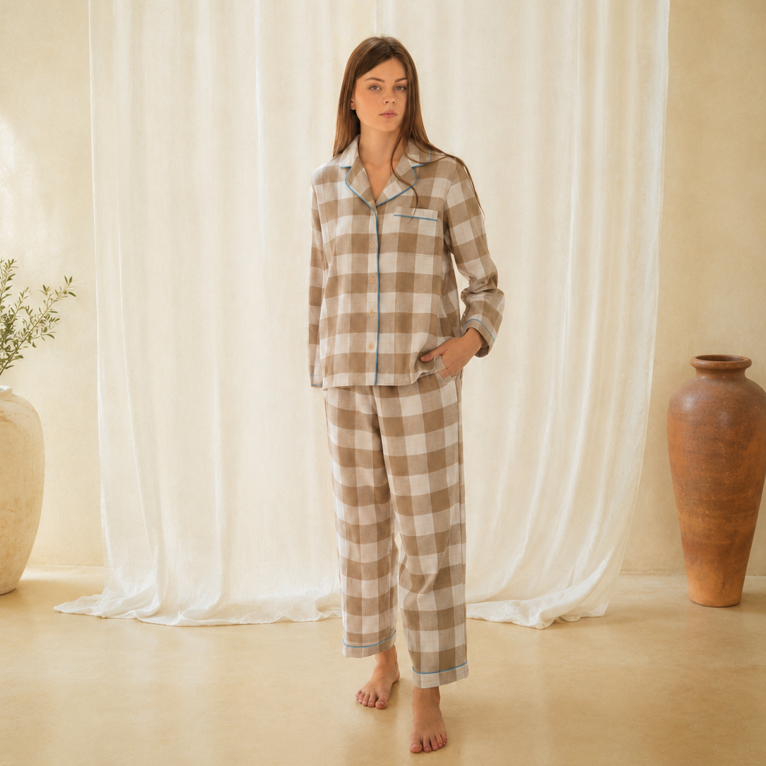 Anya Gingham Brown Flannelette Set