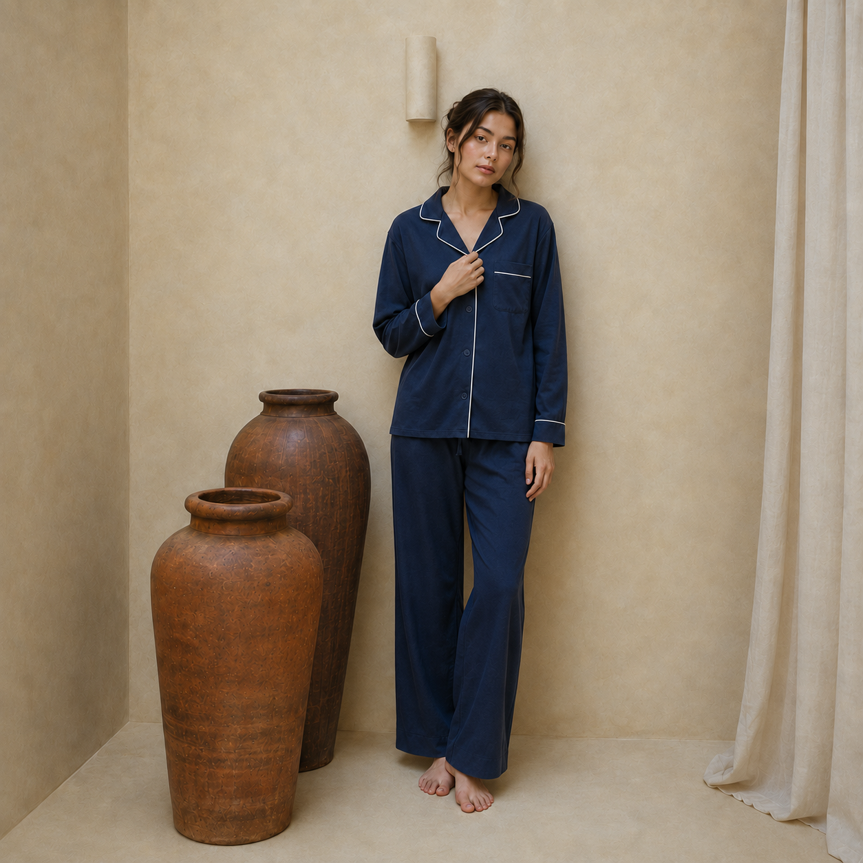 Beatrice Bamboo Navy White Trimmed Long Sleeves Set