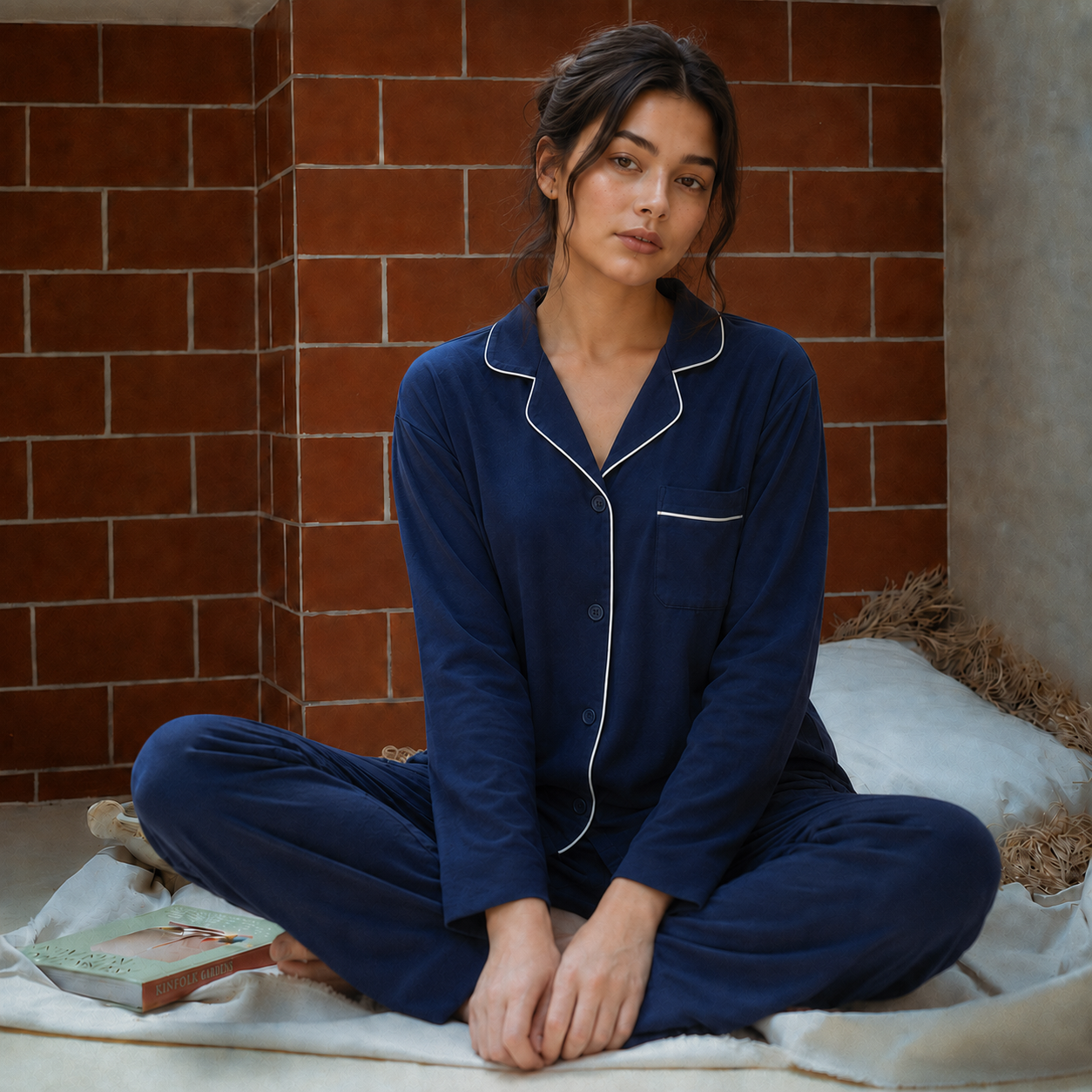 Beatrice Bamboo Navy White Trimmed Long Sleeves Set