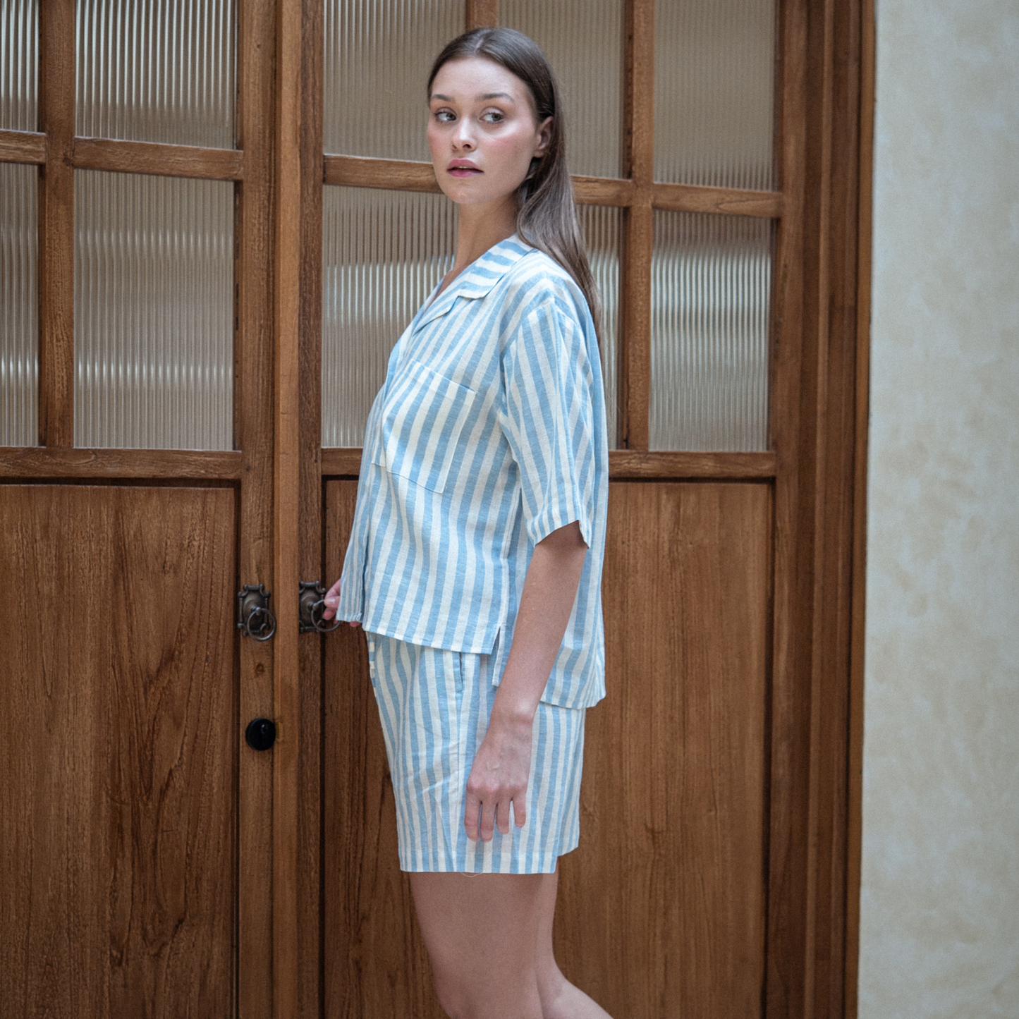 Belle Linen Blue Stripes Short Set