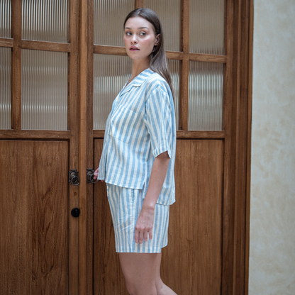 Belle Linen Blue Stripes Short Set