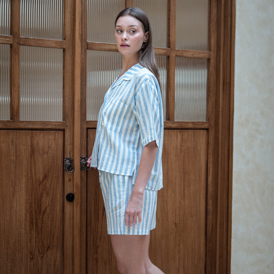 Belle Linen Blue Stripes Short Set
