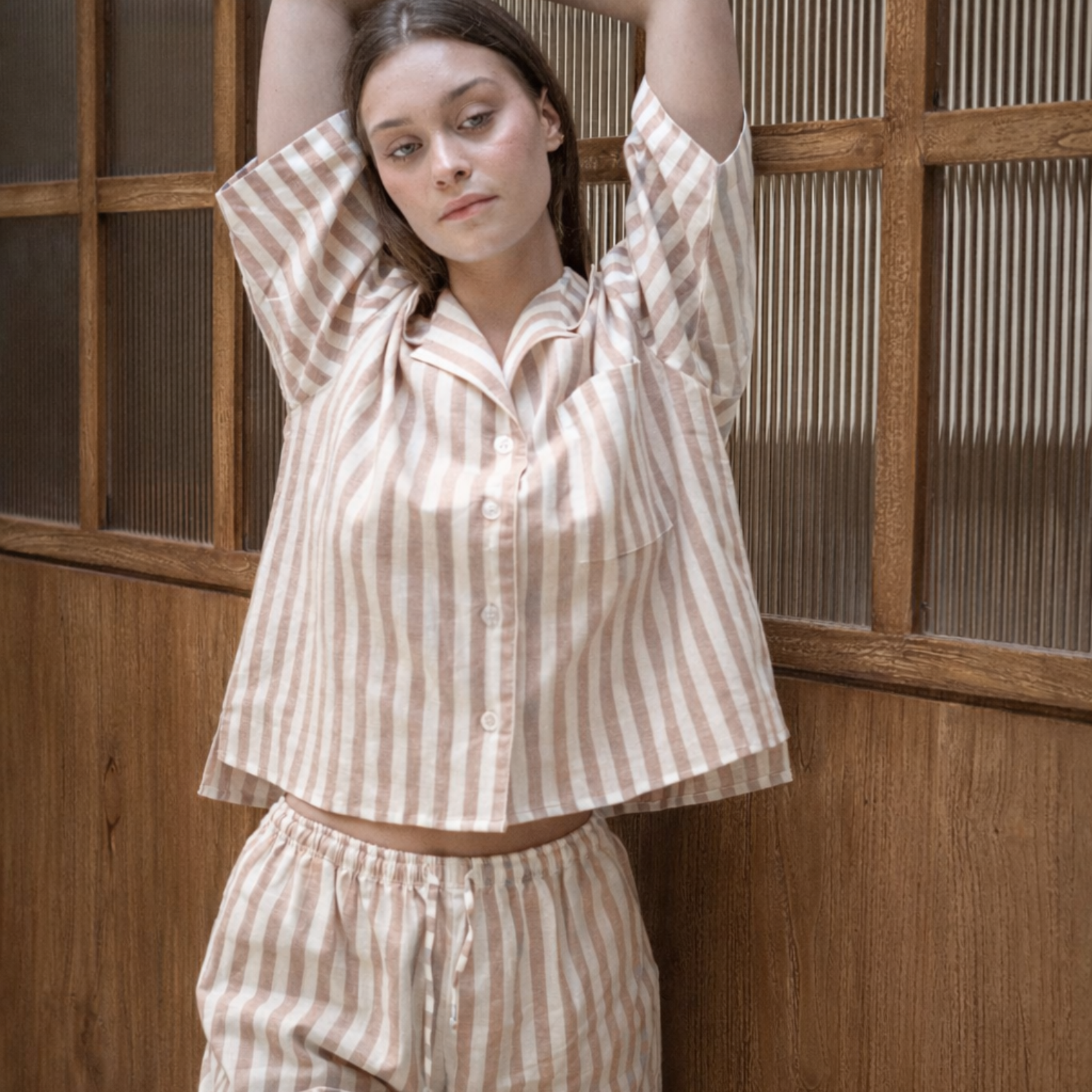 Belle Linen Brown Stripes Short Set