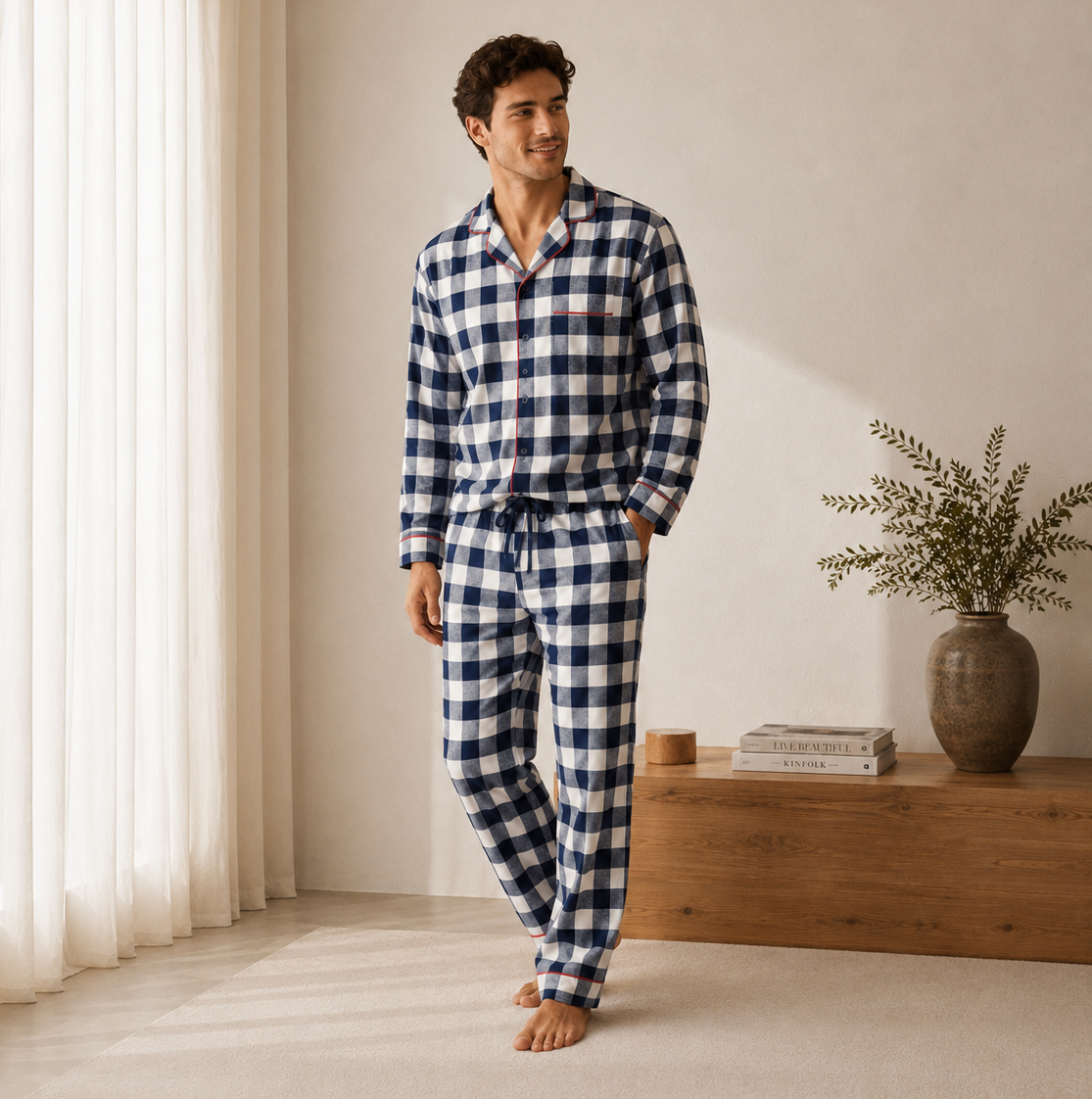 Bleue Navy Gingham Flannelette Longset