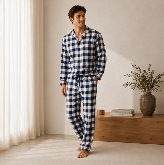 Bleue Navy Gingham Flannelette Longset