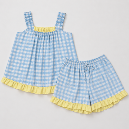 Carmen Gingham Frill Short Set -  Aqua